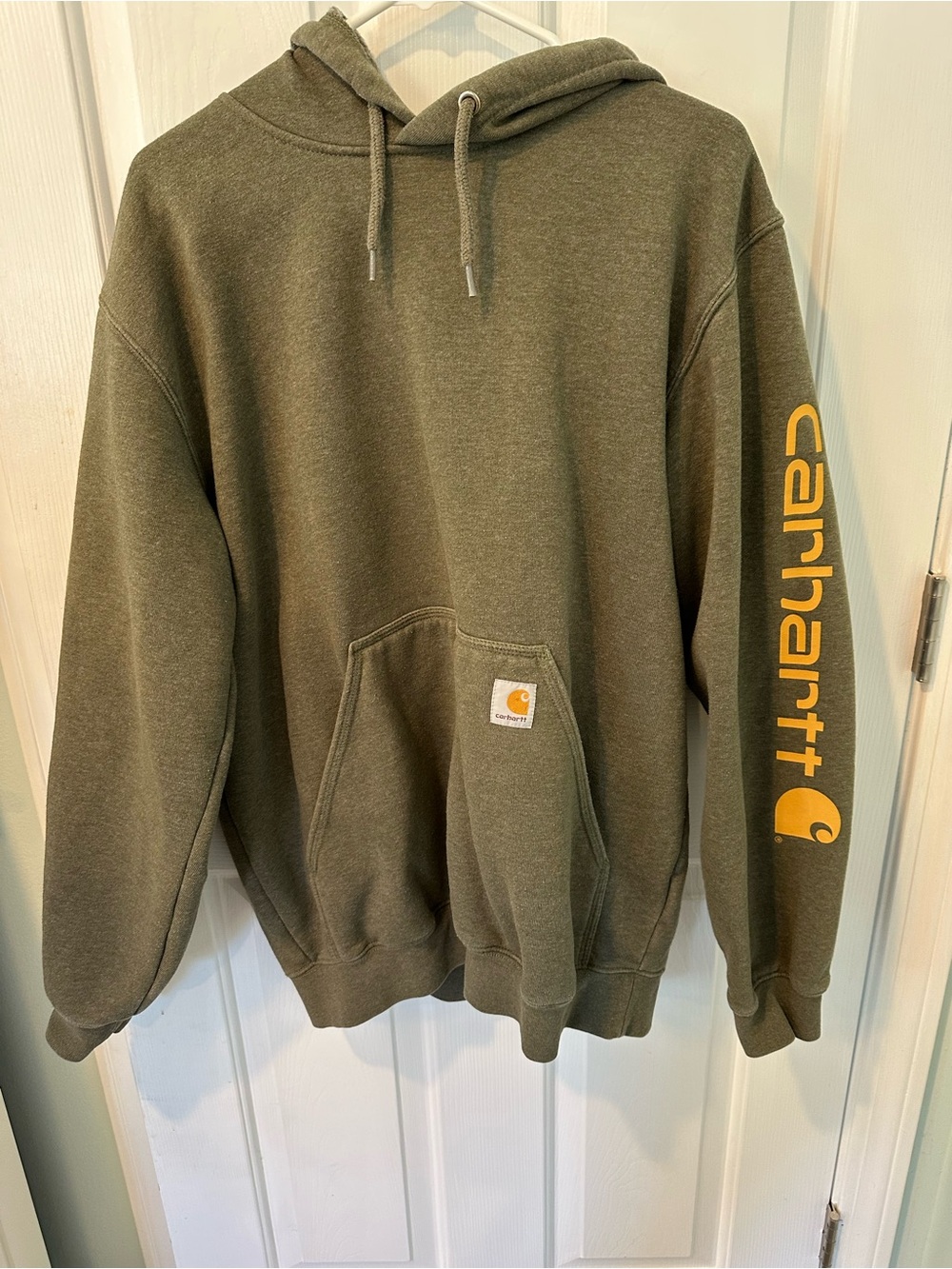 Carhartt Olive Hooded Sweatshirt with Yellow Sleeve Logo